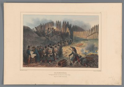 Groep soldaten trekt door een opening in de palissade, 1832 door Denis Auguste Marie Raffet