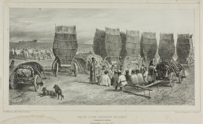 Halteplaats van een Moldavische karavaan die kolen vervoerde, Bessarabië, 5 augustus 1837 door Denis Auguste Marie Raffet