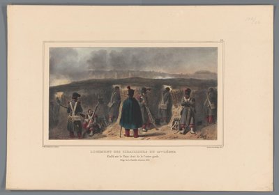 Schutters achter een borstwering, 1832 door Denis Auguste Marie Raffet
