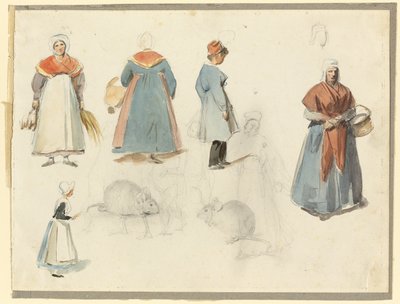 Blad met schetsen: Mannen, Vrouwen en Muizen door Denis Auguste Marie Raffet