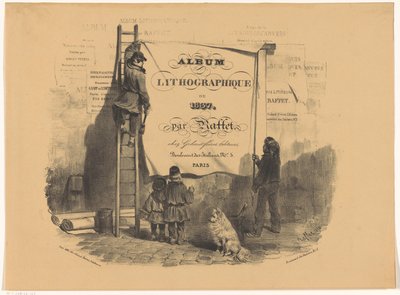 Twee mannen plakken een affiche tegen een muur door Denis Auguste Marie Raffet