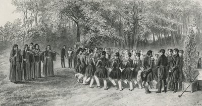 Wallachian Ronde, uitgevoerd door de Tsiganes en gedanst door de Muzikanten van het Tweede Regiment bij het Huis van Prins Ghika, Ghospodar, Wallachia, 1839 door Denis Auguste Marie Raffet