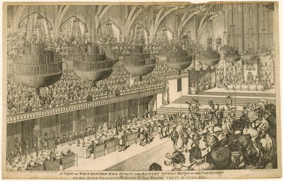 Een uitzicht op Westminster Hall tijdens het banket ter ere van de Kroning van Koning George IV door Denis Dighton
