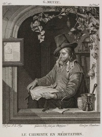 Denis-Sébastien Leroy, Chataigner en Dambrun - De apotheker in meditatie, naar Gabriel Metsu - 1802-1815 door Denis Sebastien Leroy