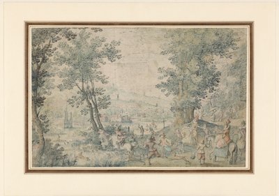 Landschap bij Brussel met hertenjacht door Denis van Alsloot (possibly)