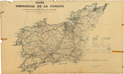 Kaart van de provincie A Coruña met de staats- en provinciale wegen en gesubsidieerde buurtwegen. Gepubliceerd door overeenkomst van de Eerbare Provinciale Commissie door Deputación da Coruña