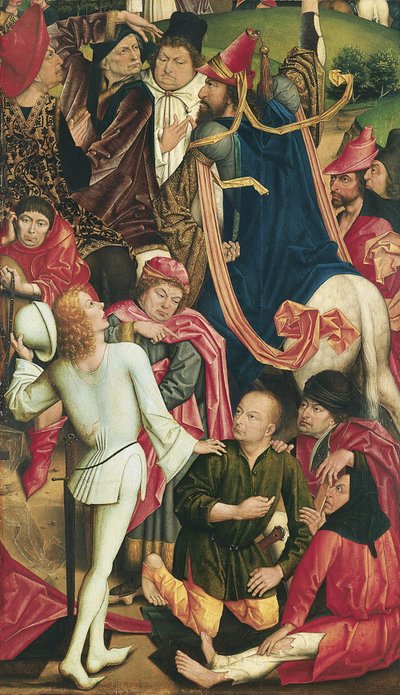 Ridders en soldaten dobbelen om de mantel van Christus door Derick Baegert