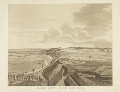 Gezicht op het landschap ten zuidoosten van Nijmegen Gezichten rondom de stad Nijmegen (serie) Geldersch panorama of rondgezicht naar het leven geteekend op belvedère te Nymegen (serie) door Derk Anthony van de Wart