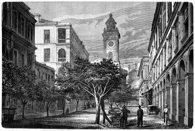 Uitzicht op de historische Hong Kong Clock Tower. Gravure naar een tekening van Deroy, in "Le Tour du Monde, Nouveau journal des Voyages", uitgegeven door Edouard Charton, Parijs door Deroy (after)