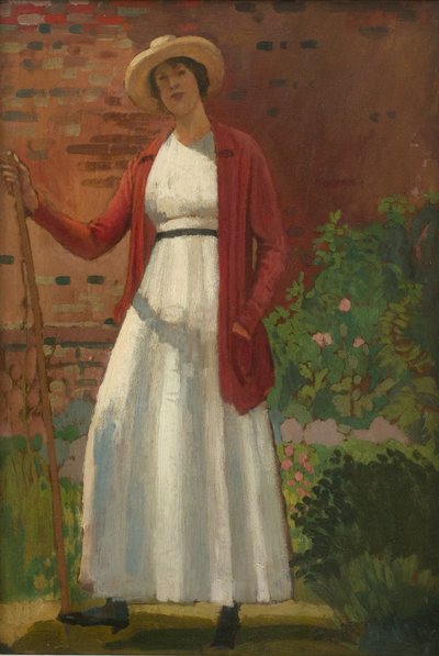Lyndra in de tuin, ca. 1913 (olieverf op board) door Derwent Lees