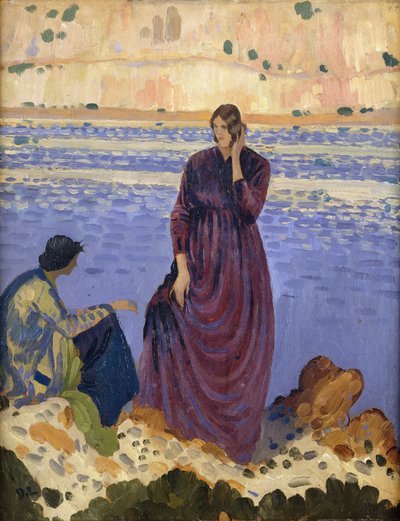 Twee vrouwen op rotsen bij de zee door Derwent Lees