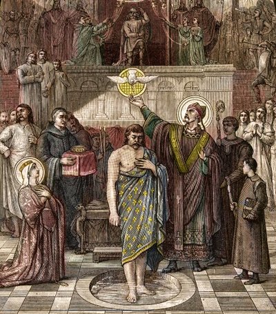 Sint Remigius doopt Clovis in Reims - De doop van koning Clovis I (466-511) in Reims door bisschop Sint Remi op 25/12/496 (of 499) - gravure naar het schilderij van Desire Francois Laugee door Desire Francois Laugee