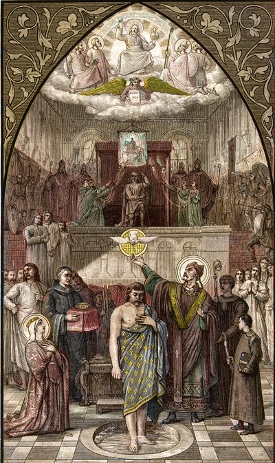 Sint Remigius doopt Clovis in Reims - De doop van koning Clovis I van de Franken in Reims door bisschop Sint Remi op 25/12/496 (of 499) - gravure naar het schilderij van Desire Francois Laugee door Desire Francois Laugee