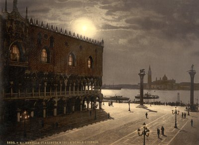 Piazzetta en San Georgio bij maanlicht, Venetië, Italië, ca. 1890-1900 door Detroit Publishing Co.