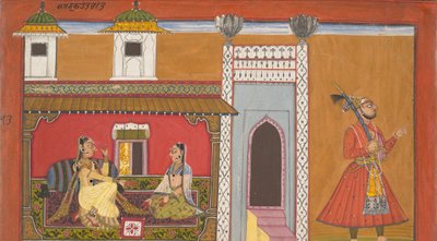 Een courtisane en haar minnaar vervreemd door een ruzie: Pagina uit een Rasamanjari-serie, 1694-95 door Devidasa of Nurpur