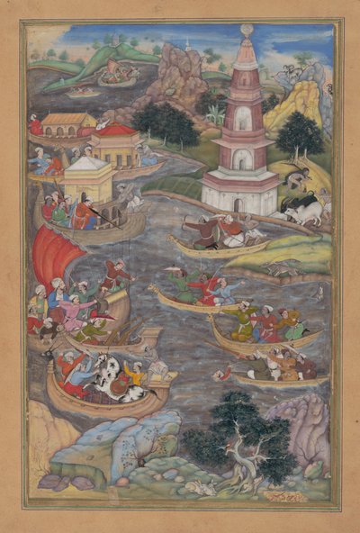Alexander vecht een zeeslag, Folio uit een Khamsa Quintet van Amir Khusrau Dihlavi door Dharmadas