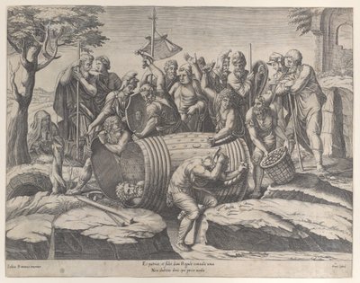 Marcus Atilius Regulus in een ton terwijl twee mannen de spijkers inslaan, 1555-77 door Diana Mantuana