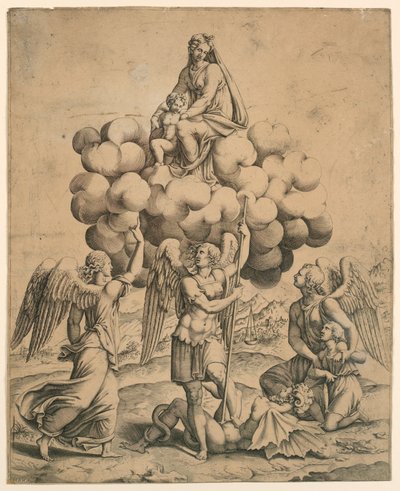 De aartsengelen Michael, Gabriel en Raphael aanbidden de Madonna en het kind door Diana Mantuana