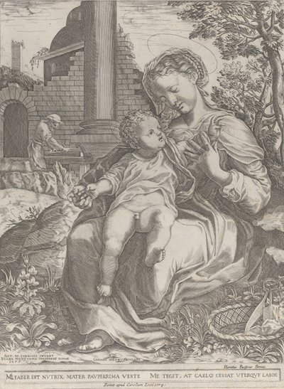 De Heilige Familie in Egypte, met Jozef als timmerman op de achtergrond door Diana Mantuana