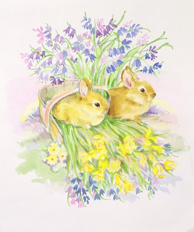 Konijnen in een mand met Narcissen en Hyacinten door Diane Matthes