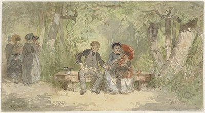 Man, vrouw en kind op een bank in het park door Diederik Franciscus Jamin