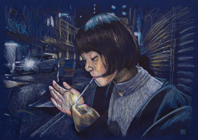 Christy con mechero, 2025 (acryl, inkt en potlood op stof) door Diego Beyro