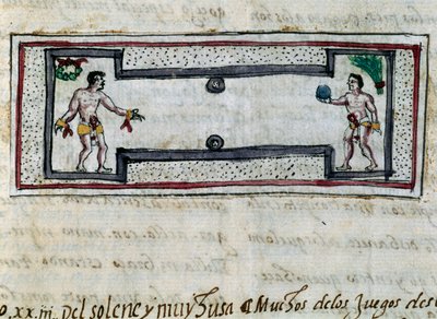 Azteken spelen een spel van pelota, miniatuur uit Geschiedenis van de Indiën (Historia de las Indias) door Diego Duran (1537-1588), manuscript uit 1579 door Diego Duran