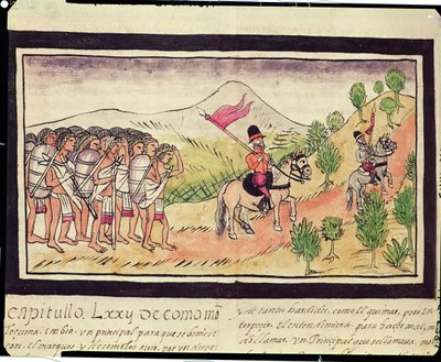 Fol.204v De Totonac-indianen helpen de conquistadores bij het vervoeren van materialen, 1579 door Diego Duran
