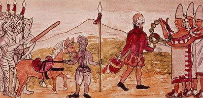Fol.208v Ontmoeting van Hernando Cortes (1485-1547) en Montezuma (1466-1520), miniatuur uit de 