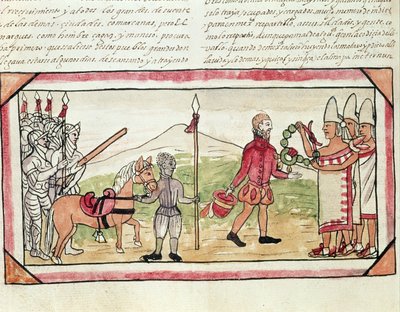 Fol.208v Ontmoeting van Hernando Cortes (1485-1547) en Montezuma (1466-1520), miniatuur uit de 