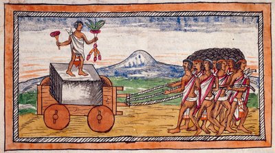 De Azteken vervoeren stenen om hun steden te bouwen, aquarel uit de Geschiedenis van de Indiën door Diego Duran door Diego Duran