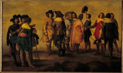 Gesprek of bijeenkomst van dertien personages. door Diego Rodriguez de Silva y (after) Velazquez