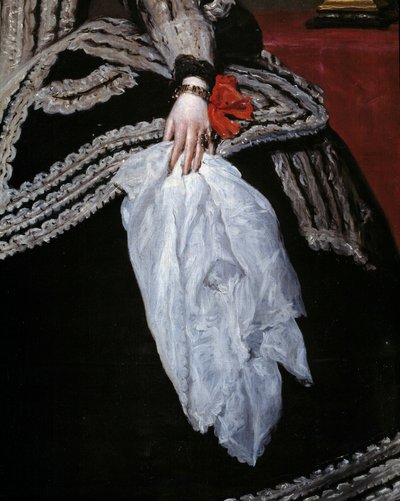 Hand en sjaal (detail) van het portret van koningin Maria Anna van Oostenrijk (1634-1696), echtgenote van Filips IV door Diego Velázquez