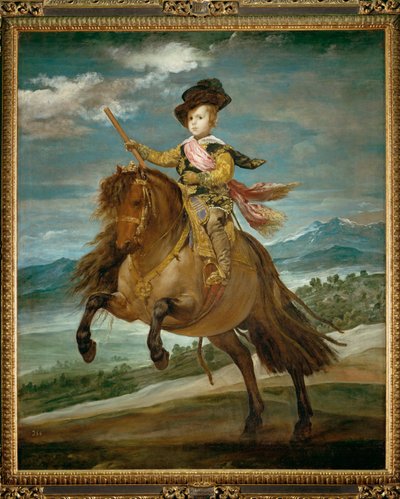 Infante Baltasar Carlos, zoon van koning Felipe IV en koningin Isabella, te paard (schilderij op doek) door Diego Rodriguez de Silva y Velazquez