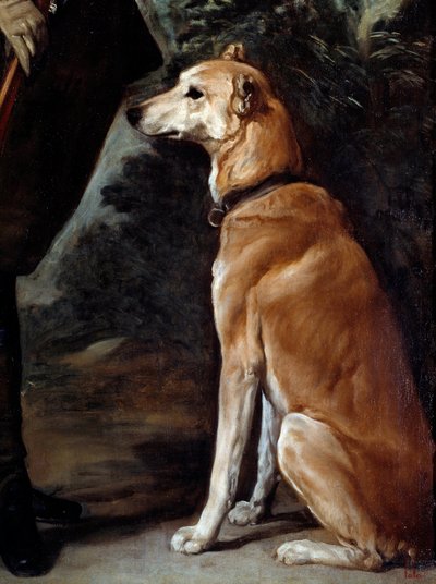 Portret van kardinaal infant Ferdinand van Oostenrijk in jachtkostuum (1609 - 1641): detail van de hond door Diego Velázquez