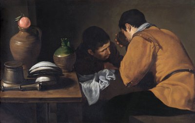 Twee Jonge Mannen Eten Aan Een Eenvoudige Tafel c.1618-20 door Diego Velázquez