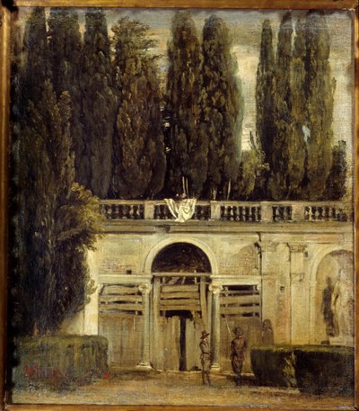 Villa Medicis in Rome, twee mannen bij de ingang van de grot van de loggia in aanbouw. Uitzicht op de tuinen van Villa Medicis door Diego Velázquez