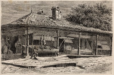 Een slagerij en een bakkerij in Boekarest (Roemenië). Gravure ter illustratie van de reis van Parijs naar Boekarest door Lancelot, ontwerper, in 1860, in 