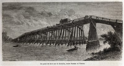 Een houten brug over de Donau, tussen Passau en Wenen door Dieudonne Auguste Lancelot