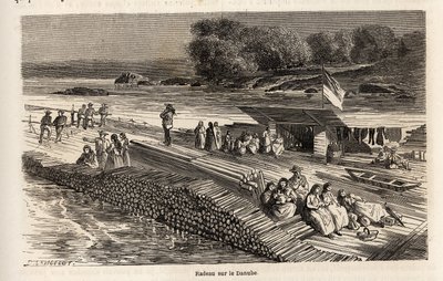 Een houten vlot op de Donau, voor het transport van goederen en mensen door Dieudonne Auguste Lancelot