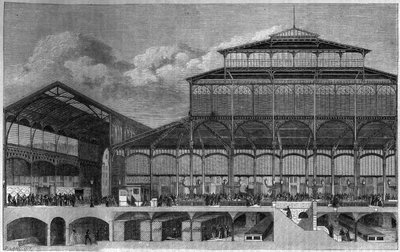 Dwarsdoorsnede van de Halles de Paris in 1862. Gravure door Lancelot in 