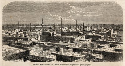 Algemeen zicht op Tripoli, tekening door Lancelot, ter illustratie van de Tripolitaanse wandelingen, in 1860, van de Baron de Krafft. Gravure in 