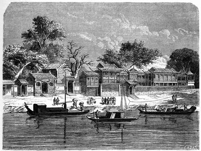 Paleis ontworpen voor de Franse missionarissen in Tien Tsin (Tien-Tsin, Tianjin), China. Gravure door Lancelot, in 