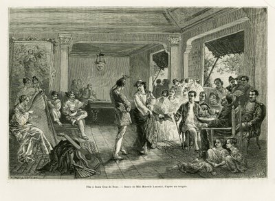 Feest in Santa Cruz de Nano. Gravure door Lancelot ter illustratie van het verhaal Lucon en Palaouan, zes jaar in de Filippijnen, door Alfred Marche (1844-1898), in le tour du monde 1886, onder leiding van Edouard Charton (1807-1890), Hachette, Parijs. door Dieudonne Auguste Lancelot