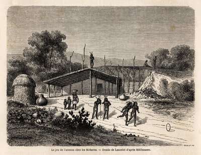 Het spel van de ring onder de Mohaves-indianen, tekening door Lancelot, ter illustratie van de reis van de Mississippi naar de Stille Oceaan in 1853-54 door Baudouin Mollhausen (1825-1905). Gravure in 