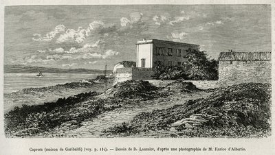 Het huis van Giuseppe Garibaldi (1807-1882) in La Caprera (Sardinië), gegraveerd naar een tekening van D. Lancelot, ter illustratie van het verhaal van Syrië vandaag, door Mr. Lortet, decaan van de Faculteit Geneeskunde van Lyon, belast met een wetenschapp door Dieudonne Auguste Lancelot