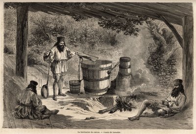 De vervaardiging van rakiou, graanalcohol, een soort schnaps die zeer gebruikelijk is in Roemenië. Gravure ter illustratie van de reis van Parijs naar Boekarest, door Lancelot, tekenaar, in 1860, gepubliceerd in 