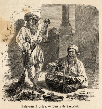 De veegsters in Orezu (Roemenië). Gravure ter illustratie van de reis van Parijs naar Boekarest, door Lancelot, tekenaar, in 1860, gepubliceerd in 