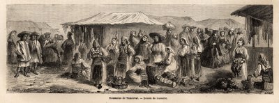 De wandelende bevolking van Tesmevar (of Timisoara) in Roemenië. Gravure ter illustratie van de reis van Parijs naar Boekarest, door Lancelot, tekenaar, in 1860, gepubliceerd in 