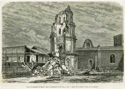 Toren van de kathedraal van Manilla, na de aardbeving op 18 juli 1880. Gravure door Lancelot ter illustratie van het verhaal Lucon en Palaouan, zes jaar in de Filippijnen, door Alfred Marche door Dieudonne Auguste Lancelot